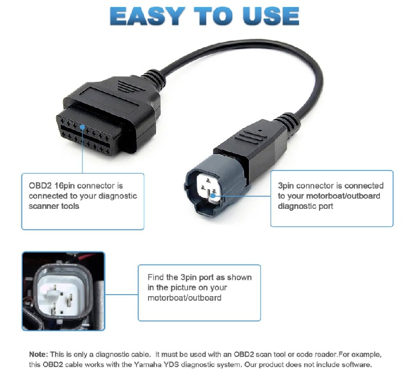 Yamaha 3 pin to OBD 2 Connector for Jet Boat Motorboat 1